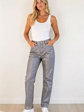 Veronica Beard Silver Metallic Straight-Leg Jeans- Daniela style
